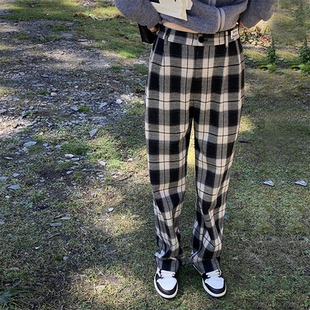 休閑寬松闊腿褲 黑白復古高腰垂感直筒褲 女2025春季 YANGLE_格子褲