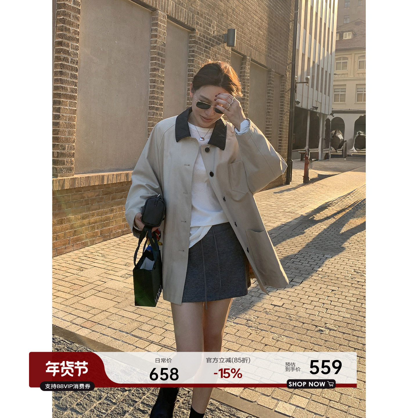 YANGLE_皮领风衣外套女2025新款秋季韩系高级宽松休闲中长款上衣,女装/女士精品,短外套,淘宝优惠券,粉丝福利购,淘宝优惠卷