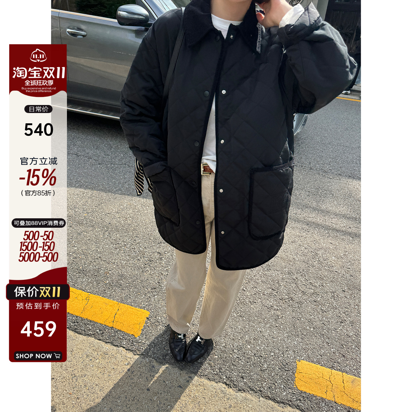 YANGLE_轻薄棉服女款2025年新款秋冬绗缝翻领廓形巴恩风黑色外套