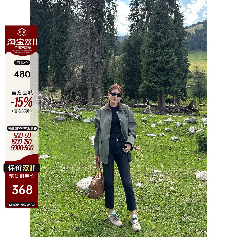 灯芯绒翻领中长款风衣外套