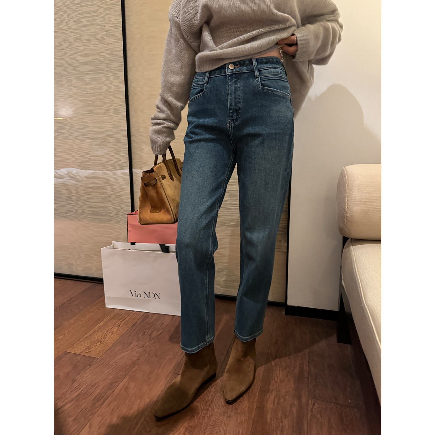 高支棉显瘦直筒烟管牛仔裤