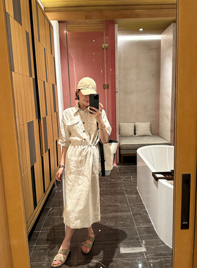 YANGLE_全亚麻连衣裙女春季2025年新款宽松短袖收腰薄款连体长裙