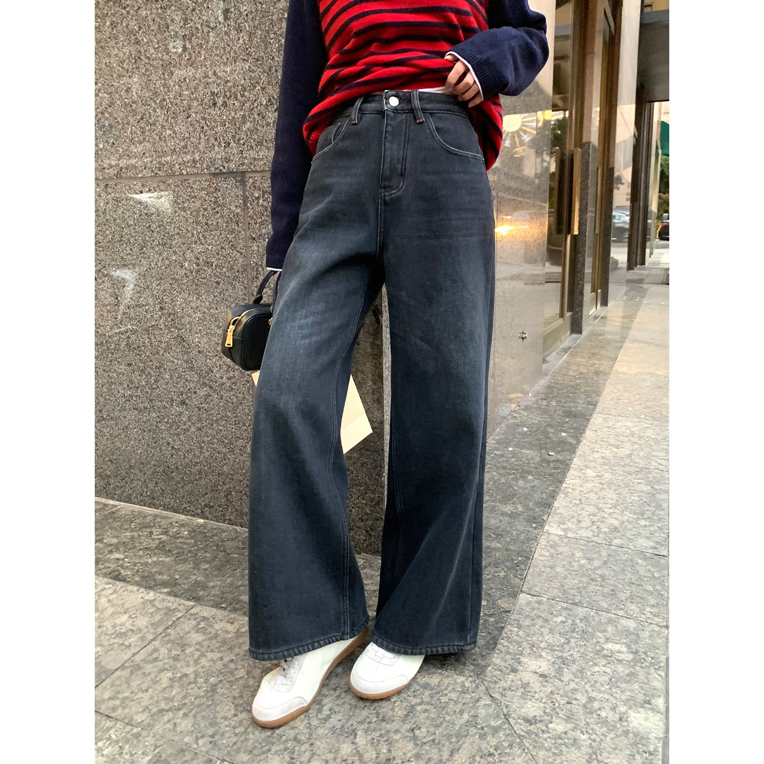 YANGLE_黑色牛仔裤女2025冬季新款韩版宽松休闲加厚奥立绒直筒裤