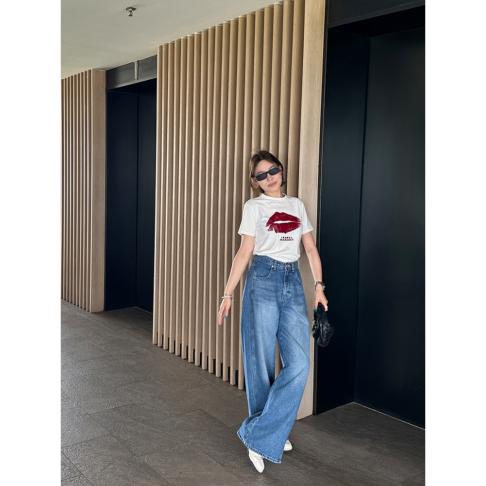 YANGLE_短袖T恤女夏季2025年新款植绒印花显瘦百搭正肩白色棉上衣