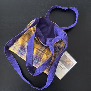 秋冬新款高级感绛紫色灯芯绒手提包斜挎包简约格子双面包单肩包女