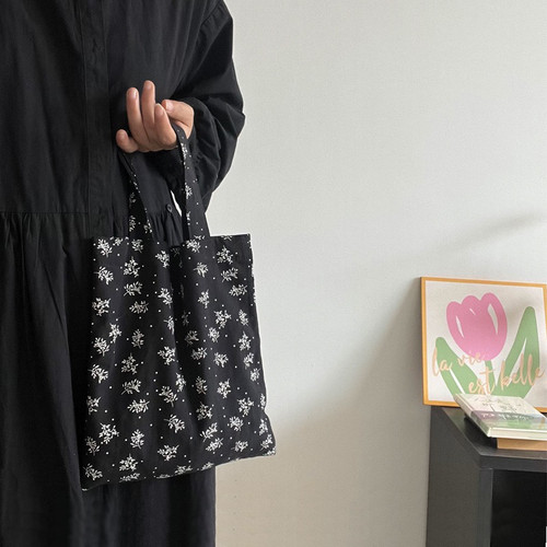 日系小众慵懒风棉布袋黑色优雅百搭小手提包迷你遛弯包随身小包女