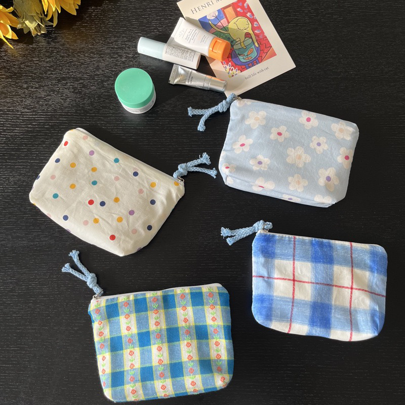 新款清新蓝格波点碎花零钱包迷你拉链布袋耳机口红收纳袋手绳小包