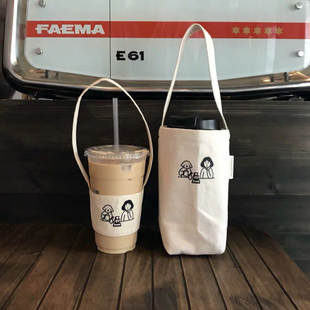 韩版ins设计师小众咖啡杯袋出行手提袋水瓶袋小小的斜跨包手机袋