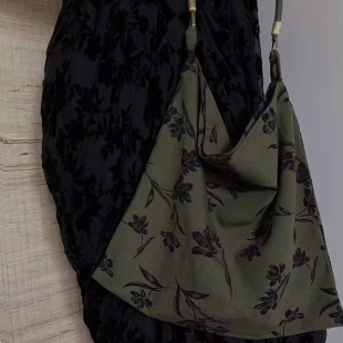 新中式古风棉麻单肩包国潮皮绳包深绿墨兰腋下包斜挎包古典女包