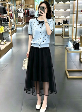 蓝色爱心印花上衣女夏季胖mm高腰显瘦a字网纱裙小个子绝美小套装