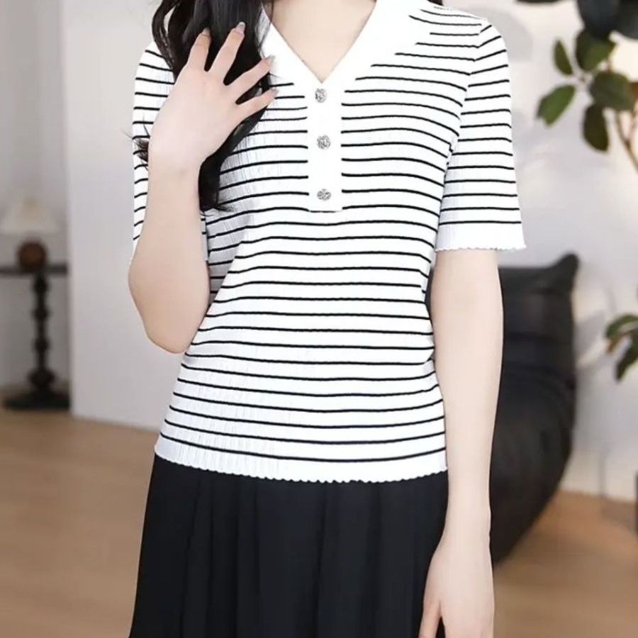黑白条纹翻领短袖针织衫女