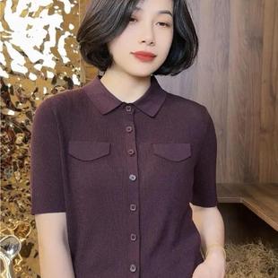 上衣 高级感polo领假口袋设计干练气质针织衫 夏季 薄款 直筒显瘦大码