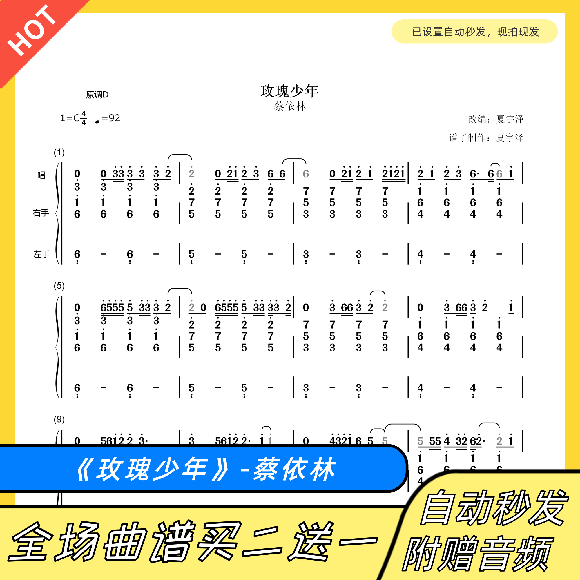 玫瑰少年 弹唱钢琴谱 双手简谱 电子版 伴奏谱 蔡依林 c调 数字谱