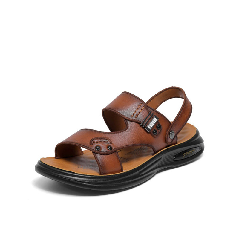 芸棉绣2026夏季新款牛皮休闲凉鞋厚底增高棕色百搭男士凉拖沙滩鞋