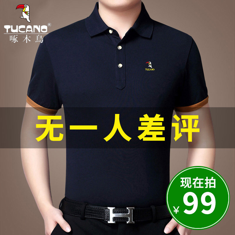 啄木鸟纯棉短袖t恤 男夏季中年人男装丝光棉翻领爸爸装冰丝polo衫