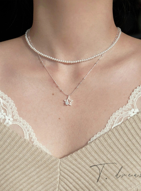 nicedream叠戴星星小珍珠项链