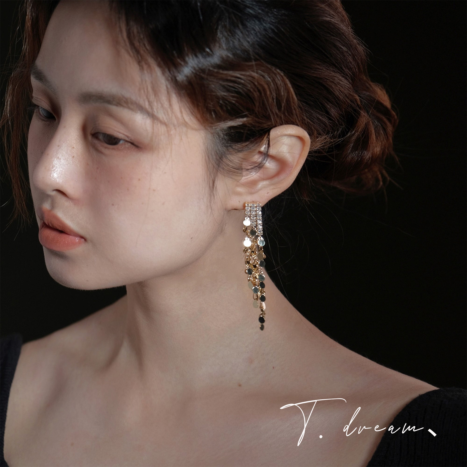 nicedream重工锆石圆片流苏耳环