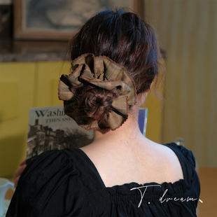 法式 午后 复古格纹毛线大肠发圈发饰女丸子头头绳头饰 森林