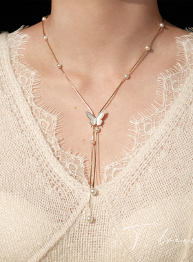 nicedream法式珍珠蝴蝶长项链