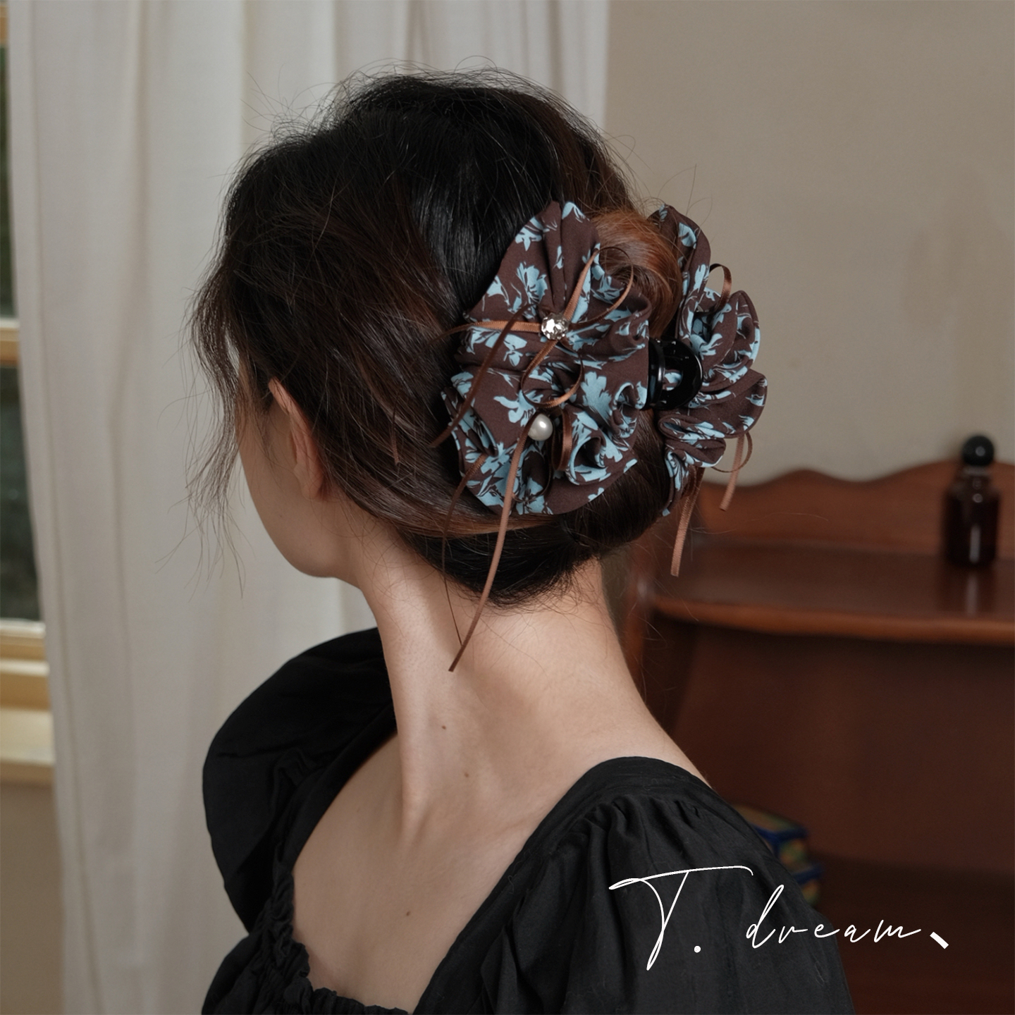 仲夏夜之梦咖绿碎花飘带大抓夹