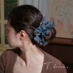 复古头绳头饰 复古牛仔褶皱大肠发圈发饰女丸子头法式 午后拿铁