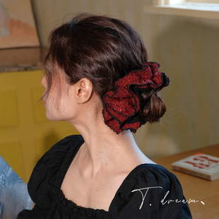 复古浓郁黑红毛线大肠发圈发饰女丸子头头绳头饰 法式 山城玫瑰