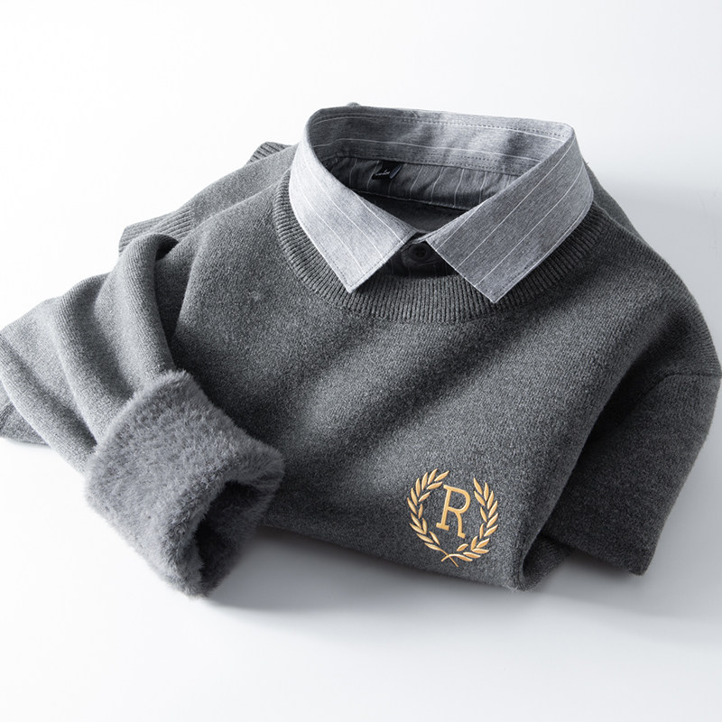 훨씬 더 정중해 보일 거예요  남성과 여성 겨울을위한 가짜 투피스 스웨터 스웨터 플러스 벨벳 두꺼운 셔츠 칼라 바닥