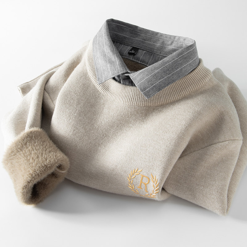 훨씬 더 정중해 보일 거예요  남성과 여성 겨울을위한 가짜 투피스 스웨터 스웨터 플러스 벨벳 두꺼운 셔츠 칼라 바닥