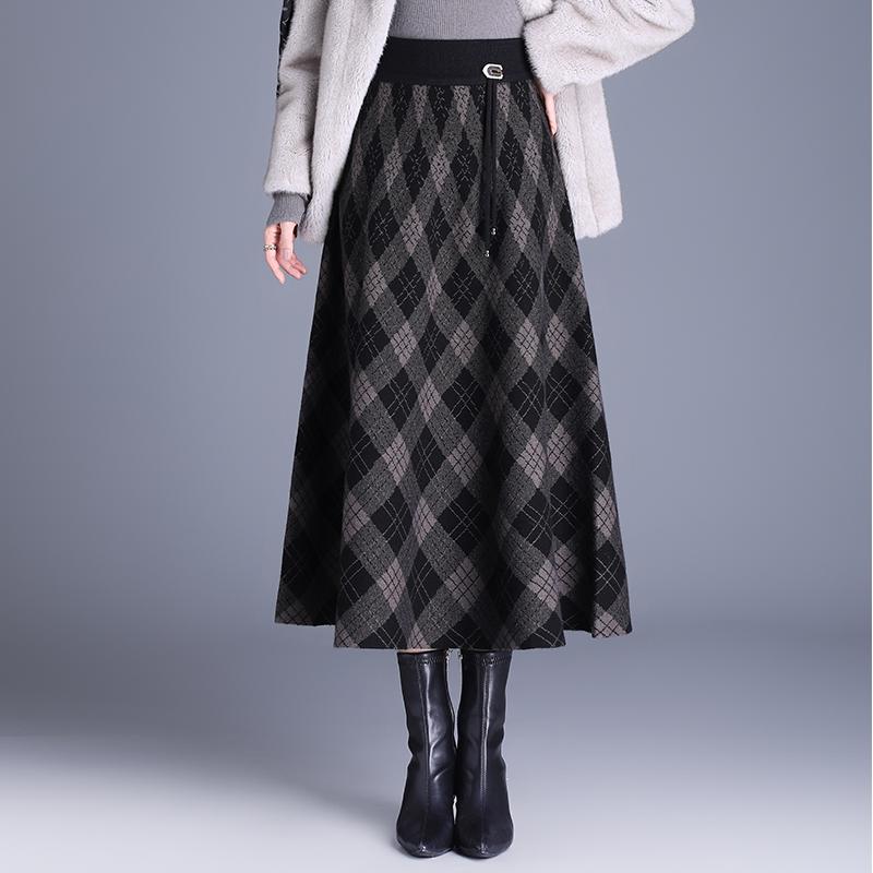 格子毛线裙半身裙中长款a字裙