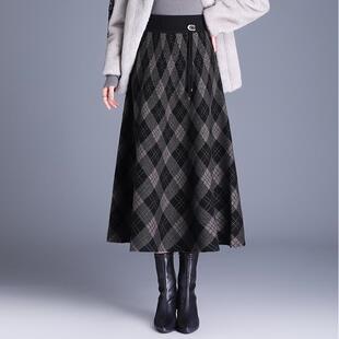 格子毛线裙半身裙女秋冬新款高腰显瘦a字裙中长款垂感伞裙子