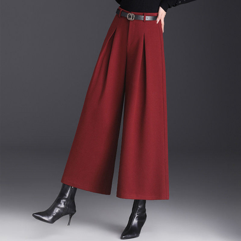 毛呢阔腿裤女秋冬2023新款高腰宽松九分裙裤通勤垂感厚款休闲长裤