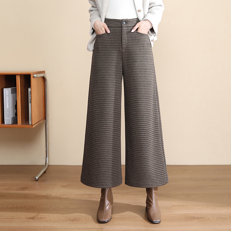 羊毛呢格子裙裤女2023秋冬新款高腰显瘦垂感九分裤时尚洋气阔腿裤