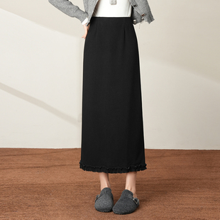 木耳边毛呢直筒半身裙女2025新款秋冬高腰显瘦中长款开叉包臀裙子