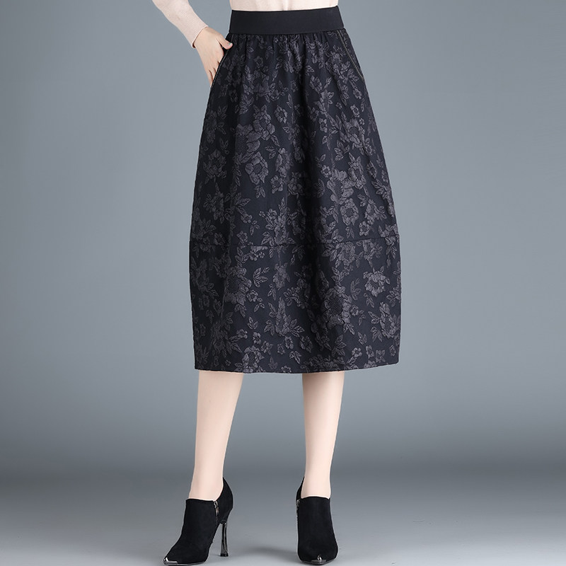 提花裙半身裙女灯笼裙中长款2025春秋新款高腰松紧腰a字裙女裙子