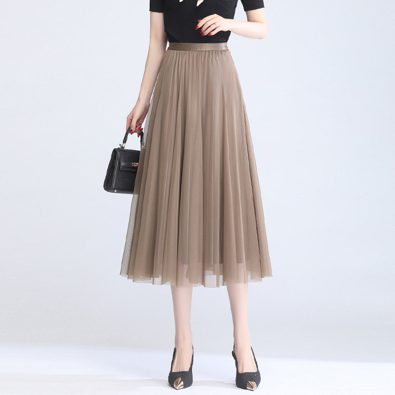 密网纱裙a字裙女2025春秋新款垂感高腰百褶半身裙中长网纱双面裙