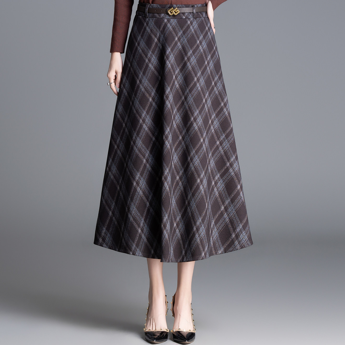 气质格纹a字裙高腰半身裙女春季2026新款显瘦遮胯伞裙通勤中长裙,女装/女士精品,半身裙,淘宝优惠券,粉丝福利购,淘宝优惠卷