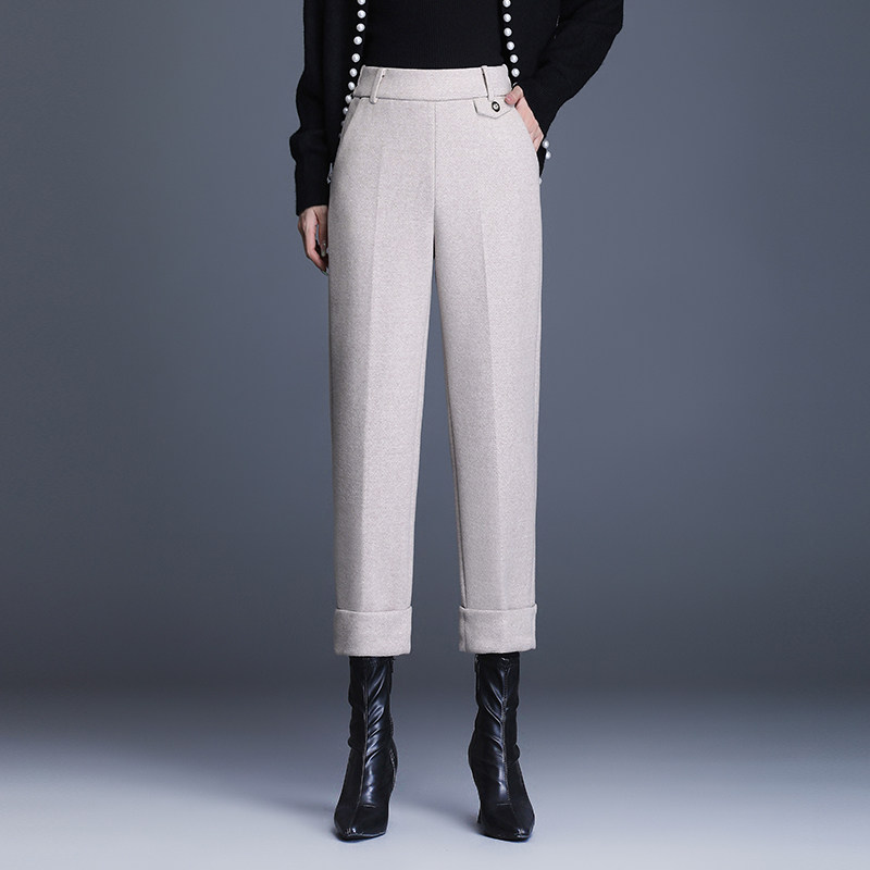 羊毛呢八分靴裤卷边直筒烟管裤