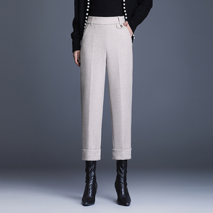 羊毛呢八分靴裤女秋冬2025新款洋气卷边直筒烟管裤显瘦九分休闲裤