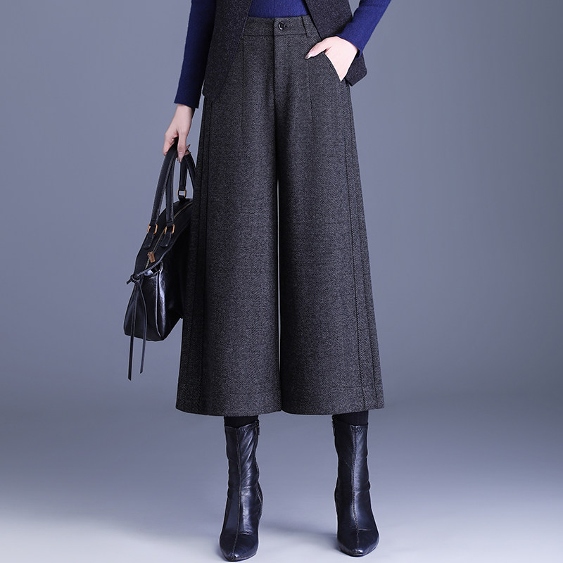 气质宽松加厚毛呢阔腿裤八分裙裤