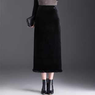 黑色毛边丝绒直筒半身裙女秋冬2025新款中长款显瘦洋气包臀一步裙