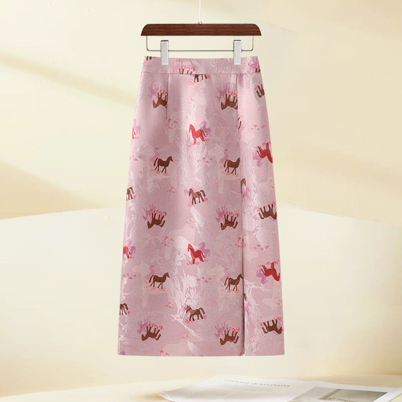 甜美风粉色小马印花直筒半身裙女2026春季新款中长国风开叉包臀裙
