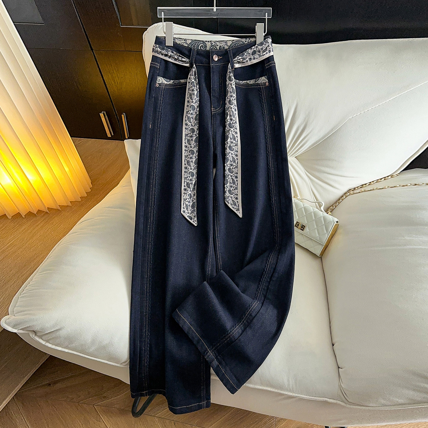 设计感丝巾飘带牛仔裤女2025秋季新款慵懒风休闲宽松阔腿裤长裤子