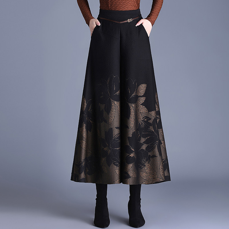 洋气提花毛呢阔腿裤女2025秋冬新款高腰宽松九分大脚裤休闲裙裤子