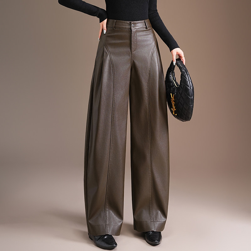 美拉德风PU皮裤阔腿弯刀裤女秋冬加厚高腰宽松垂感通勤长裤休闲裤