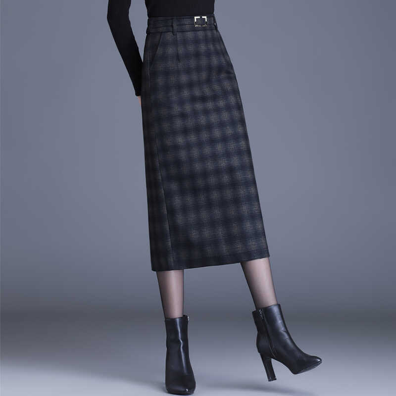 格子毛呢秋冬半身裙复古包臀裙