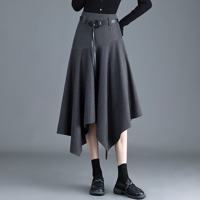 不规则毛呢半身裙女2025秋冬新款显瘦遮肉宽松韩版通勤中长A字裙
