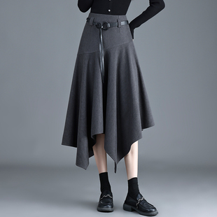 不规则毛呢半身裙女2025秋冬新款显瘦遮肉宽松韩版通勤中长A字裙