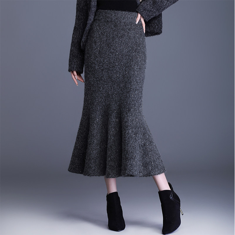松紧腰鱼尾裙女针织毛线半身裙2025新款秋冬高腰中长裙气质包臀裙