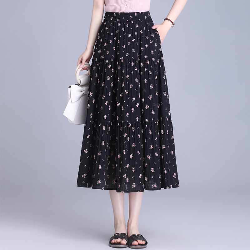 松紧腰碎花a字裙女春秋新款遮胯显瘦半身裙中长款垂感大摆裙
