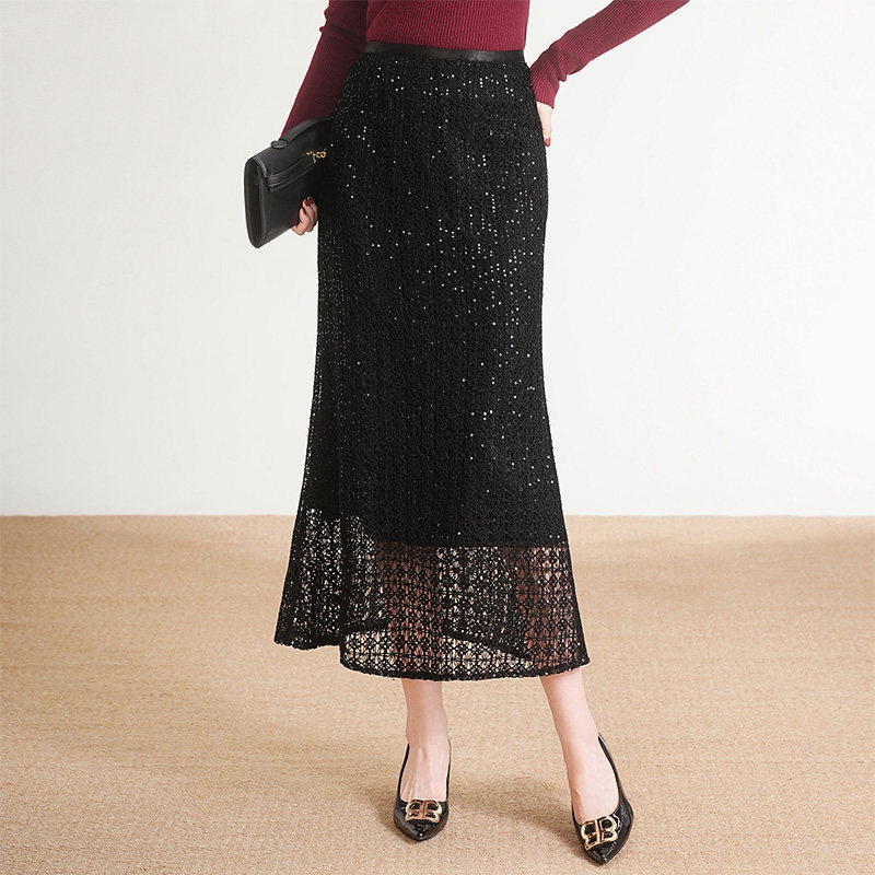 黑色亮片蕾丝鱼尾半身裙女2026春季高腰显瘦包臀中长裙优雅气质裙